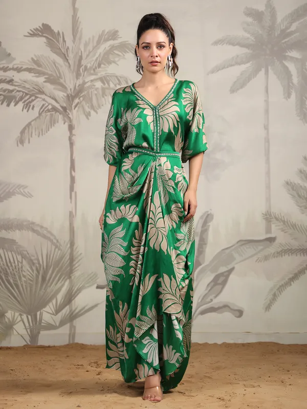 Stylish green satin printed kurti