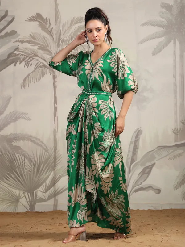 Stylish green satin printed kurti