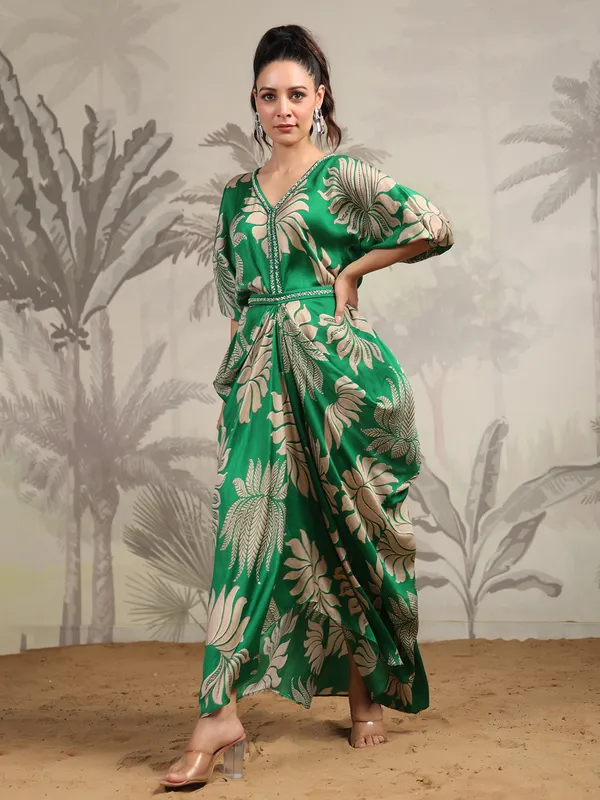 Stylish green satin printed kurti