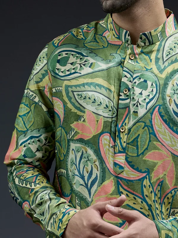 Stylish green silk tropical printed kurta suit for men