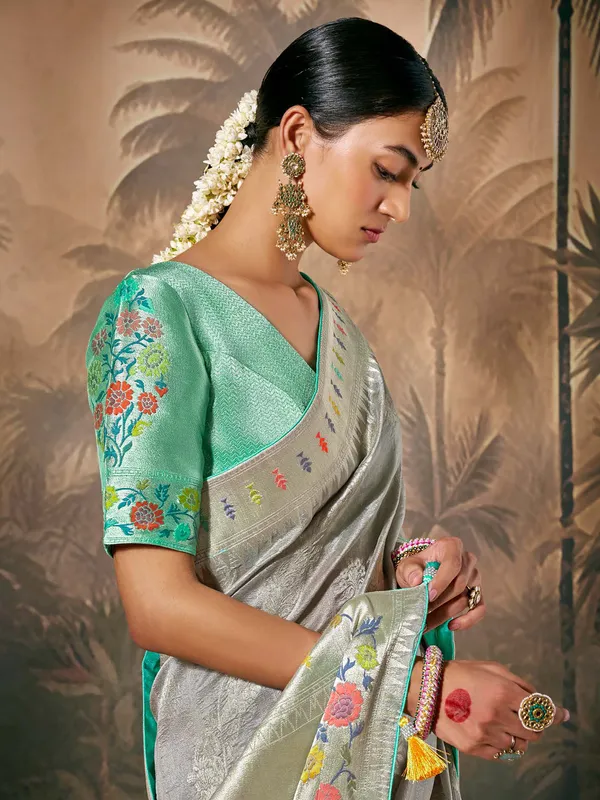 Stylish grey banarasi silk saree