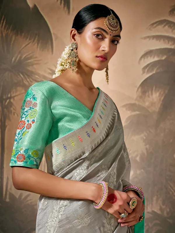 Stylish grey banarasi silk saree
