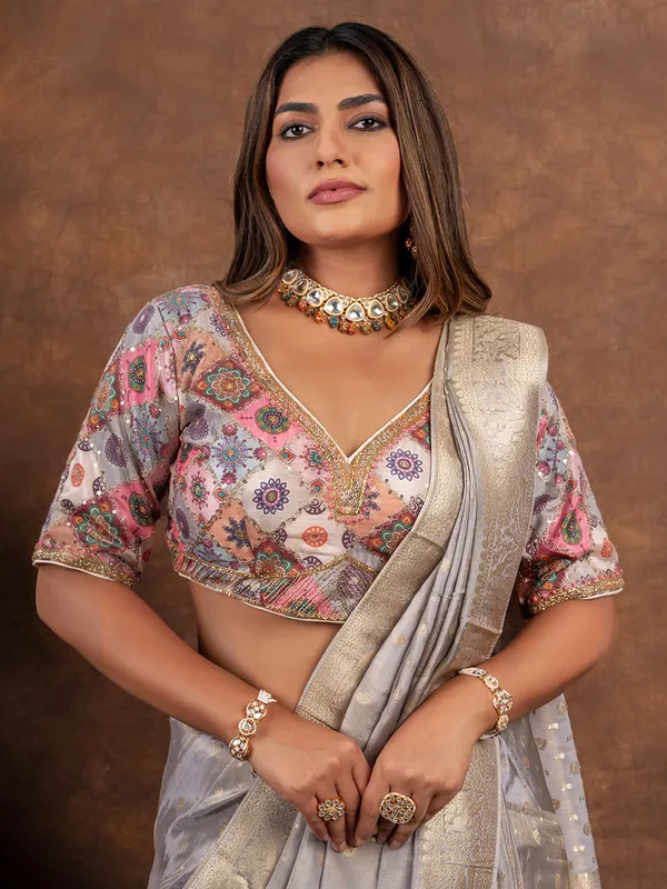 Stylish grey dola silk saree