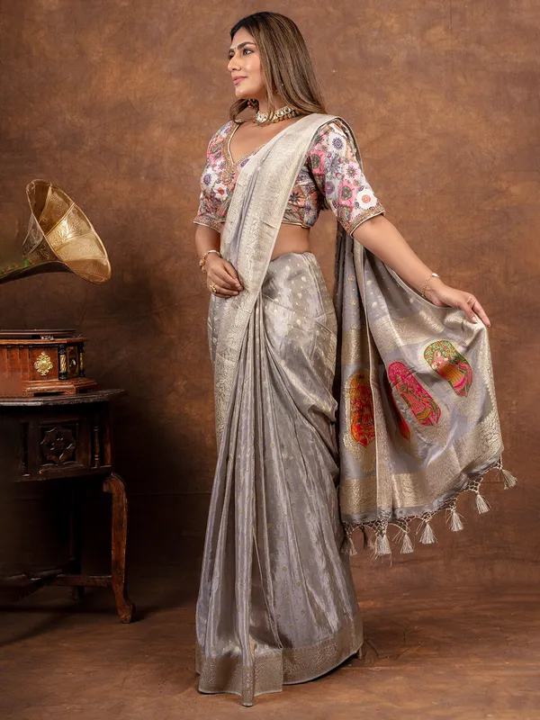 Stylish grey dola silk saree