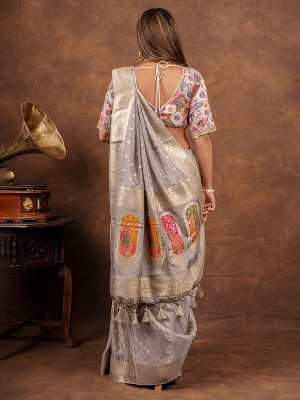 Stylish grey dola silk saree