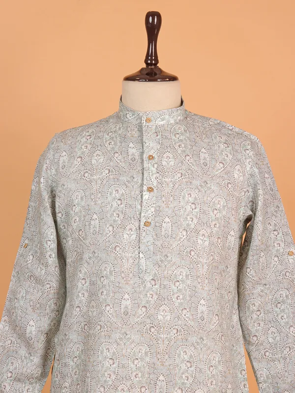 Stylish grey printed cotton kurta for men