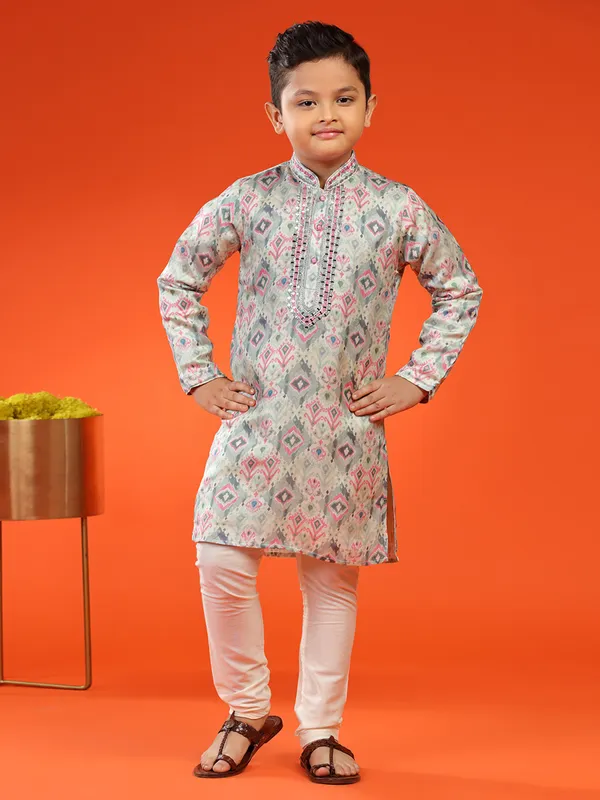 Stylish grey printed silk kurta suit