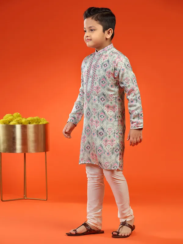 Stylish grey printed silk kurta suit