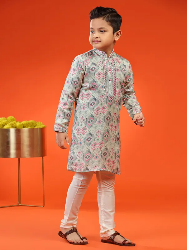 Stylish grey printed silk kurta suit