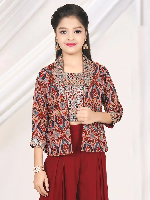 Stylish jacket style maroon printed palazzo set
