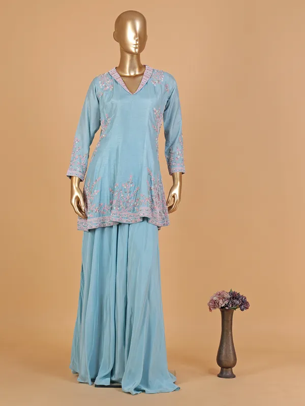 Stylish light blue raw silk palazzo suit