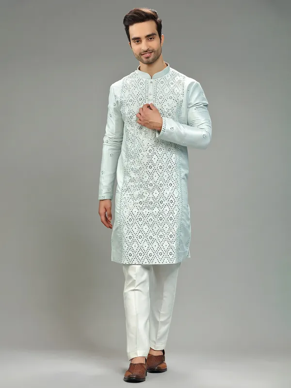 Stylish light blue silk  Men Kurta pajama