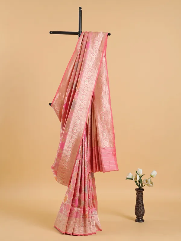 Stylish light pink banarasi silk saree