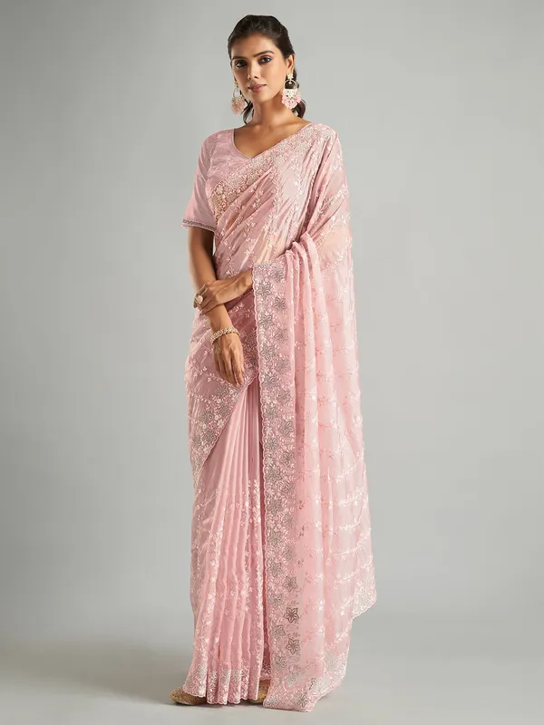 Stylish light pink organza saree