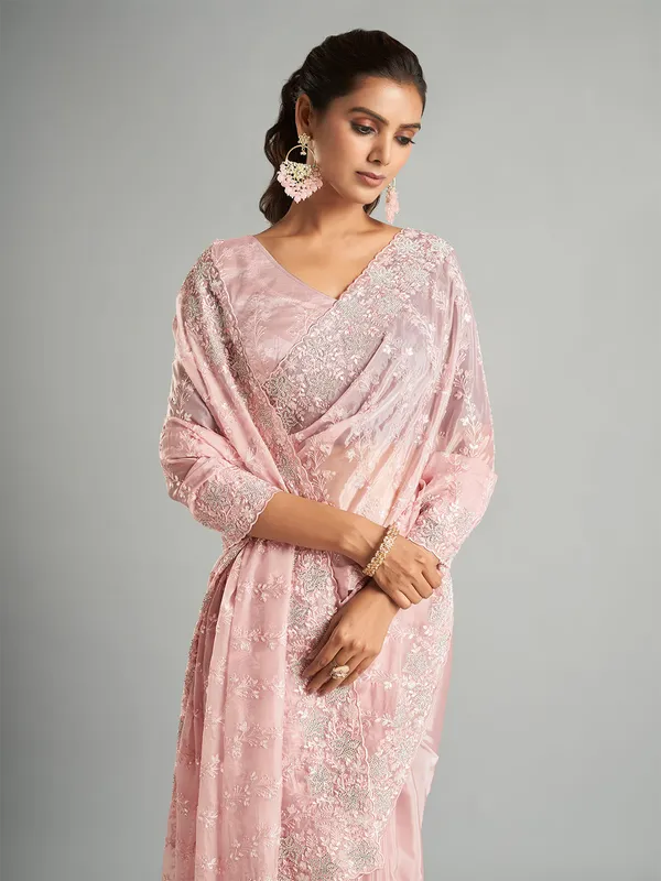 Stylish light pink organza saree