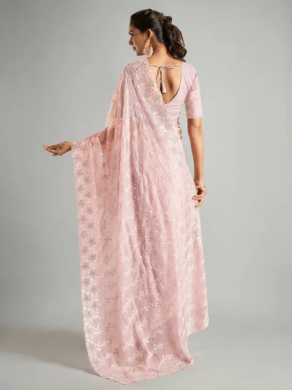 Stylish light pink organza saree