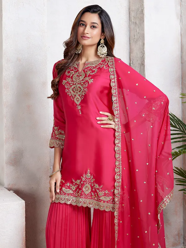 Stylish magenta silk sharara salwar suit