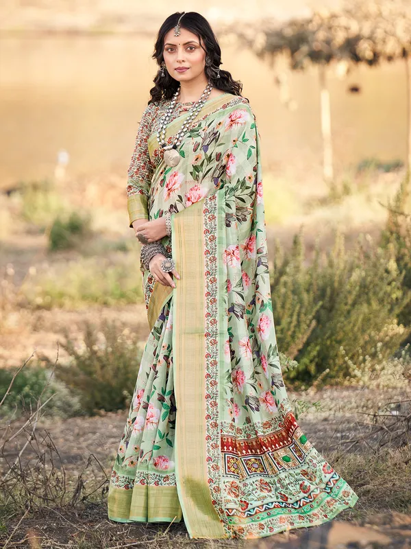 Stylish mint green cotton printed saree