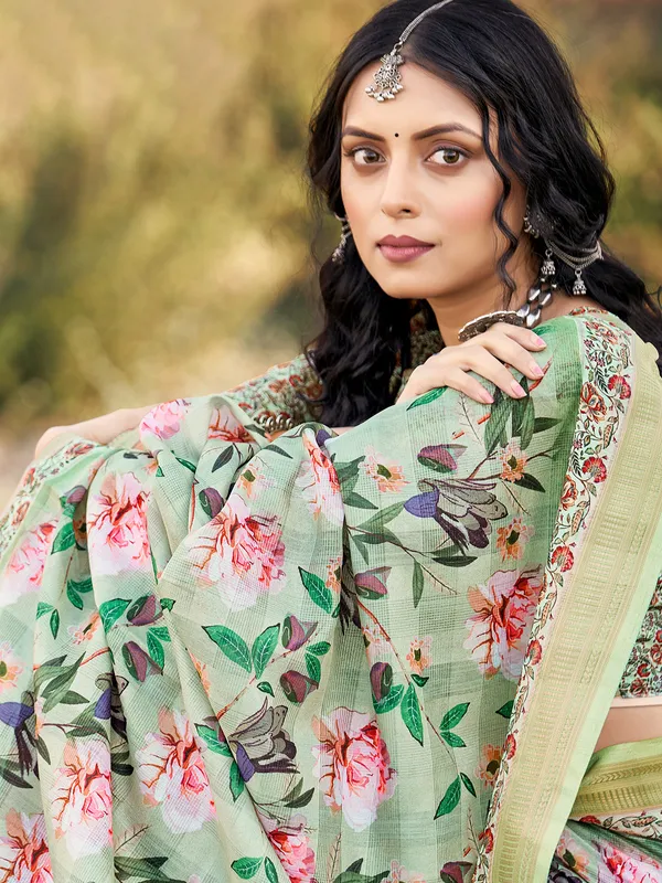 Stylish mint green cotton printed saree