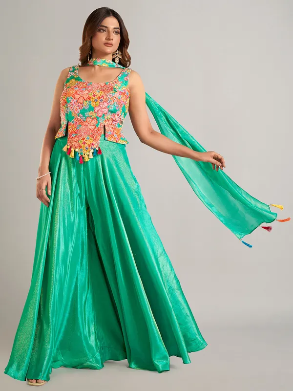 Stylish mint green silk palazzo suit for festive