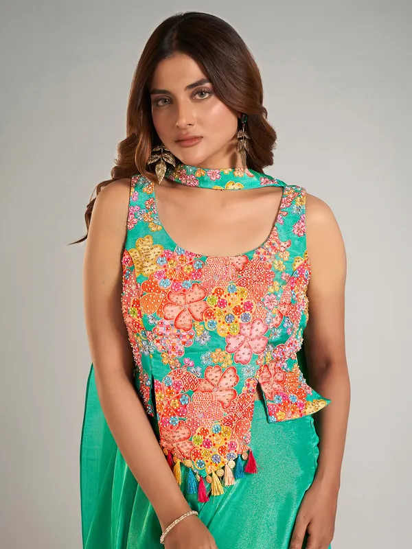 Stylish mint green silk palazzo suit for festive