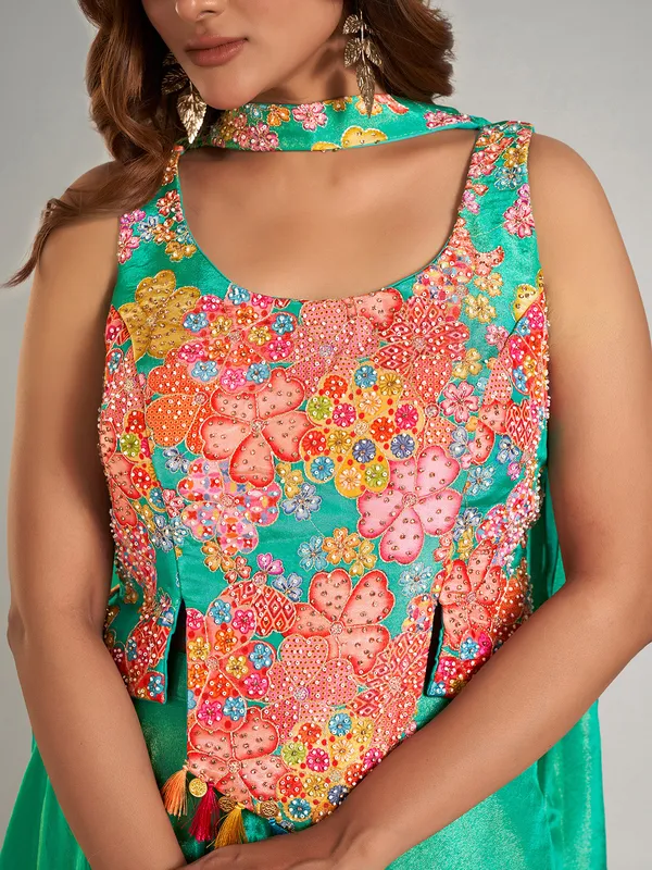 Stylish mint green silk palazzo suit for festive