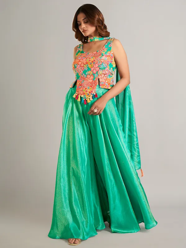 Stylish mint green silk palazzo suit for festive
