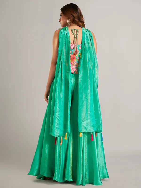 Stylish mint green silk palazzo suit for festive