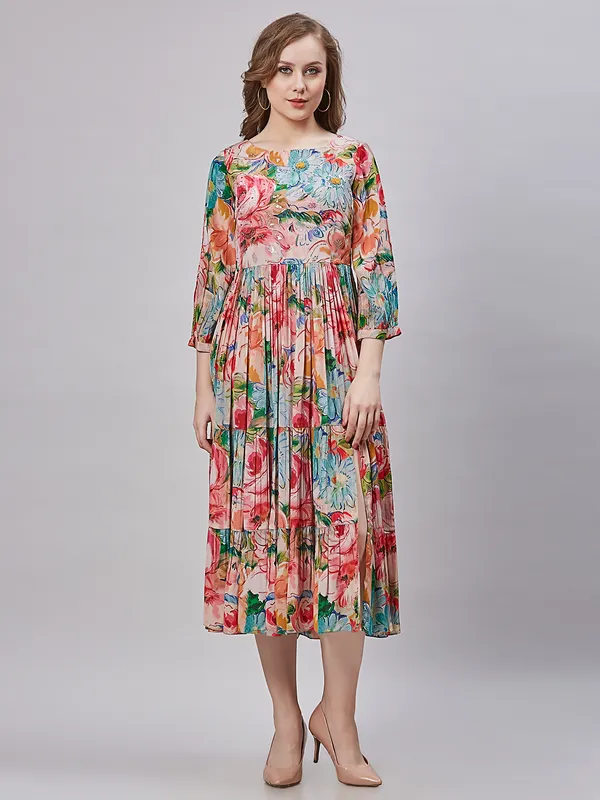 Stylish multi color printed silk kurti