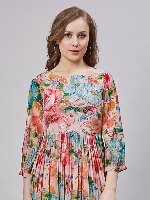 Stylish multi color printed silk kurti