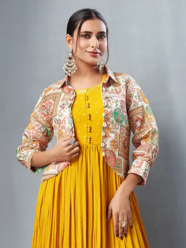 Stylish mustard yellow jacket style anarkali suit