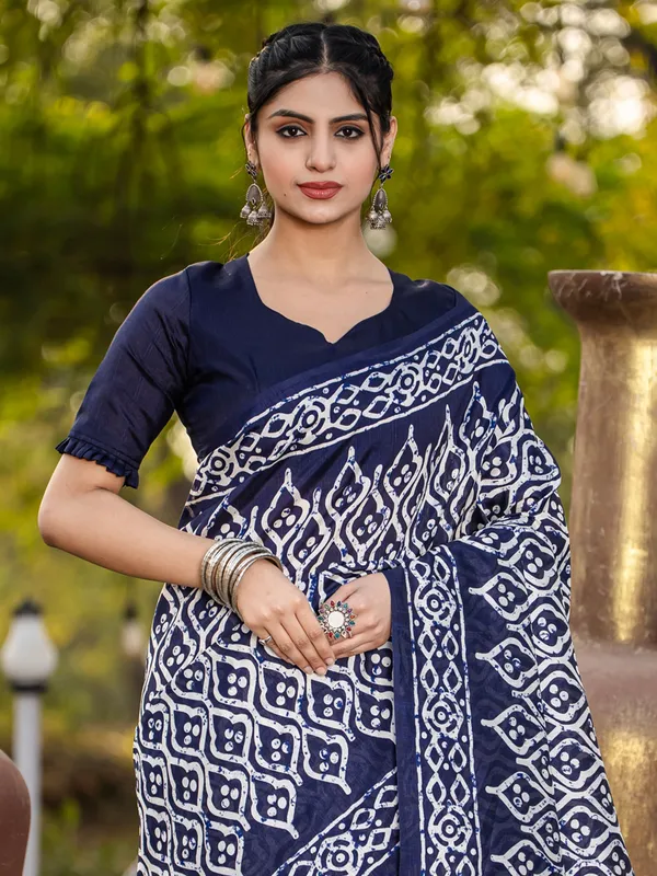 Stylish navy bhagalpuri silk saree with prints
