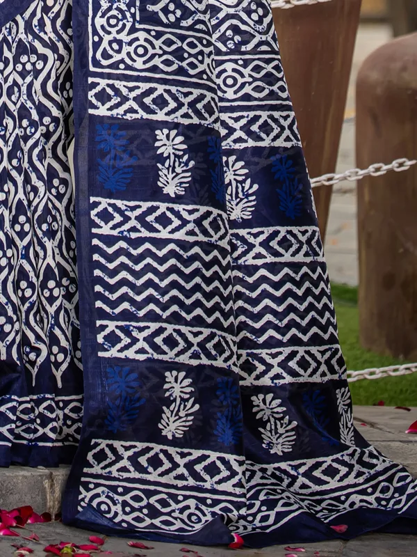 Stylish navy bhagalpuri silk saree with prints