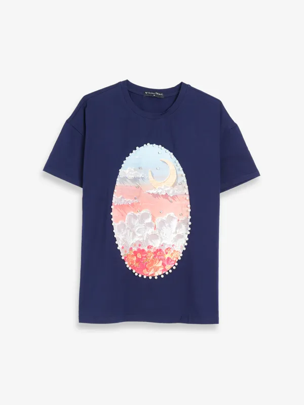 Stylish navy cotton printed t shirt
