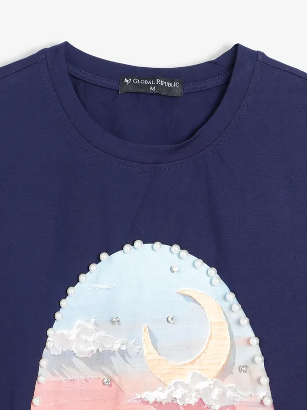 Stylish navy cotton printed t shirt