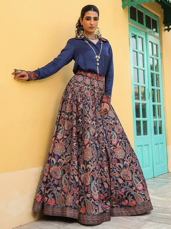 Stylish navy printed silk lehenga choli
