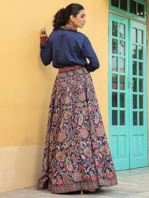 Stylish navy printed silk lehenga choli