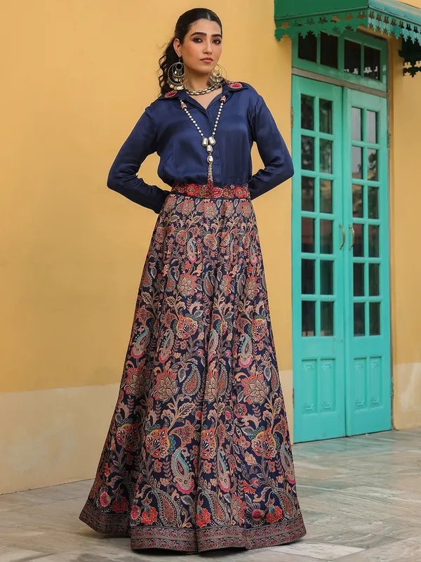 Stylish navy printed silk lehenga choli