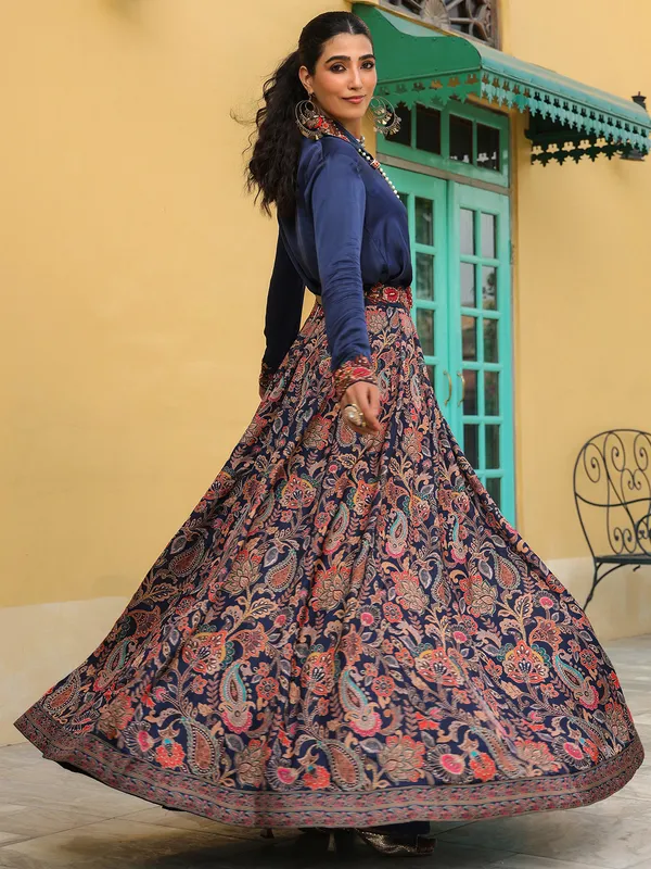 Stylish navy printed silk lehenga choli