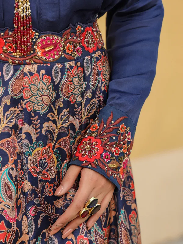 Stylish navy printed silk lehenga choli