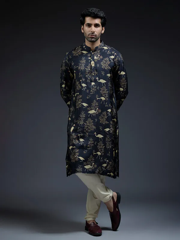 Black silk kurta suit in bird floral print