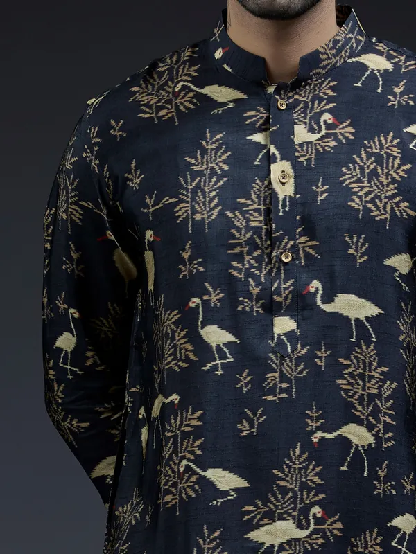 Black silk kurta suit in bird floral print