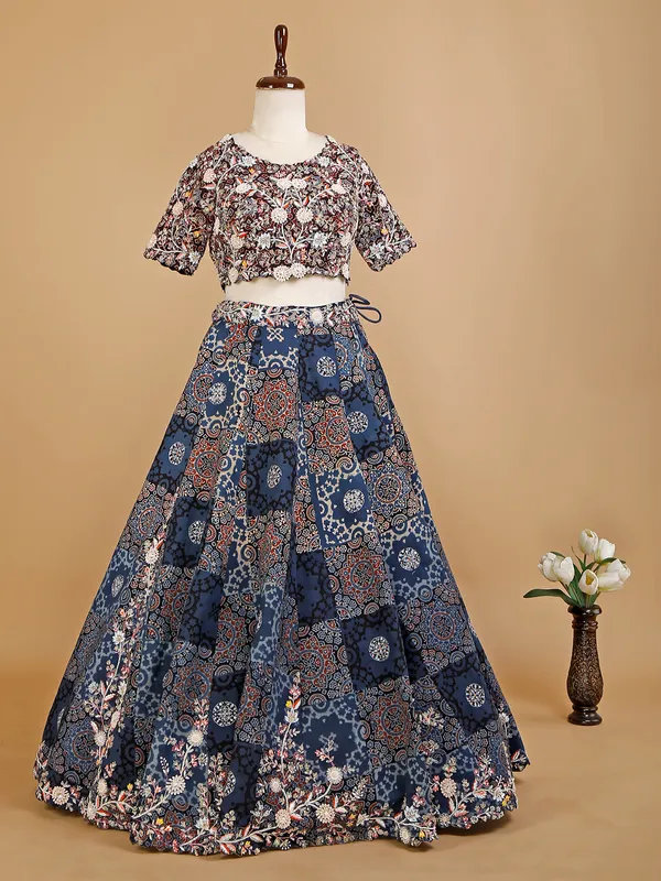 Stylish navy silk printed lehenga choli