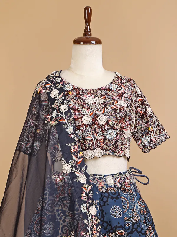 Stylish navy silk printed lehenga choli