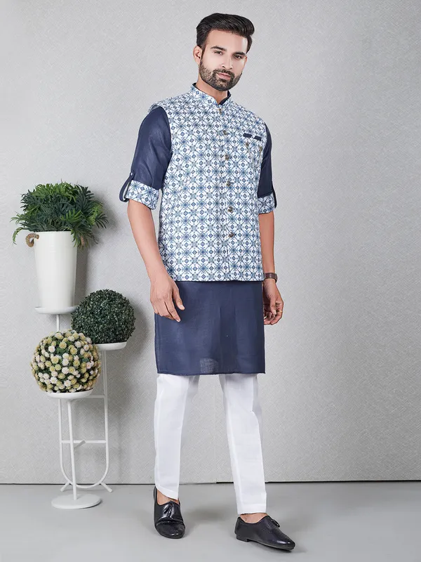 Stylish navy silk printed waistcoat set