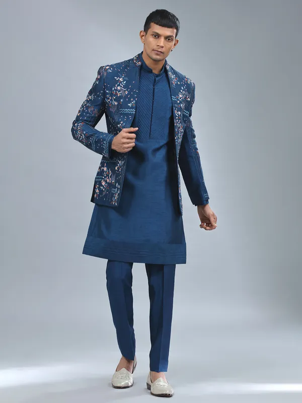 Stylish navy terry rayon indowestern