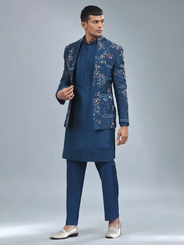 Stylish navy terry rayon indowestern