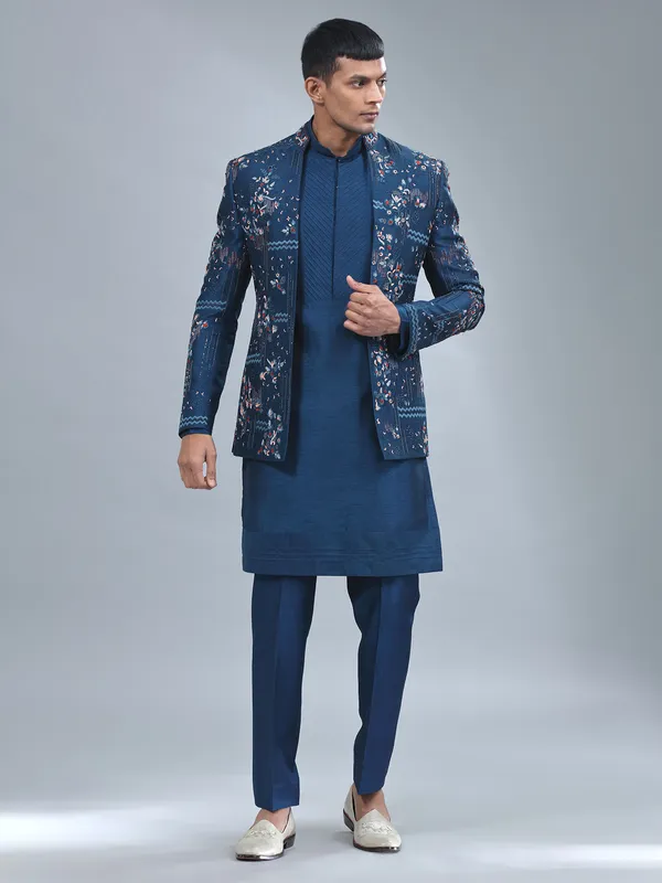 Stylish navy terry rayon indowestern