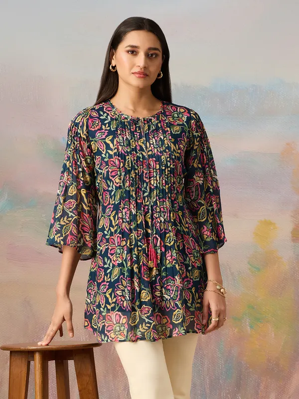 Stylish navy tunic top in georgette