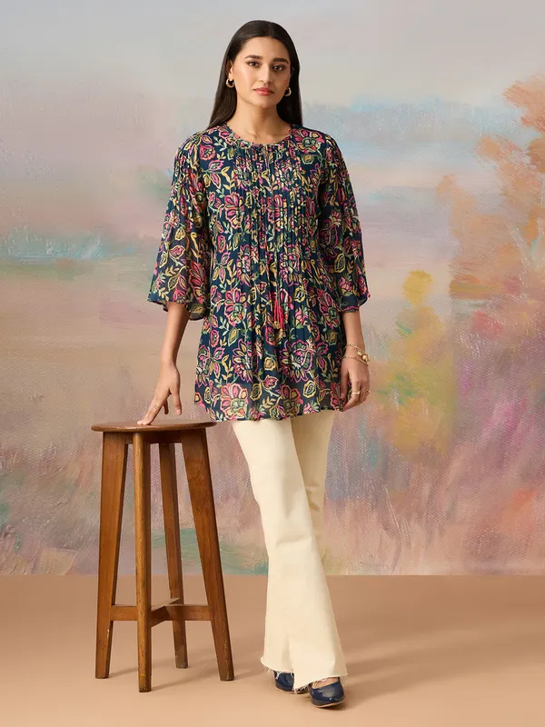 Stylish navy tunic top in georgette